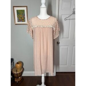 Umgee USA blush pink babydoll dress lace & polka dot mesh flutter sleeves small